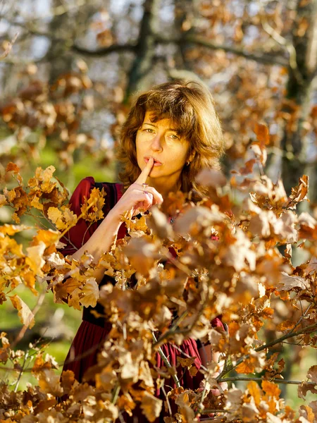 Donna in abito rosso ritratto, foresta autunnale — Foto Stock