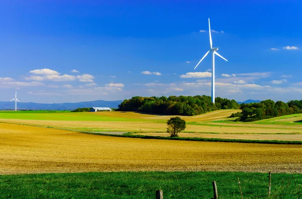 Větrné elektrárny vyrábějící elektřinu v windfarm — Stock fotografie