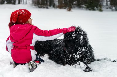 Çocuklar ile büyük su-köpek karda oynarken