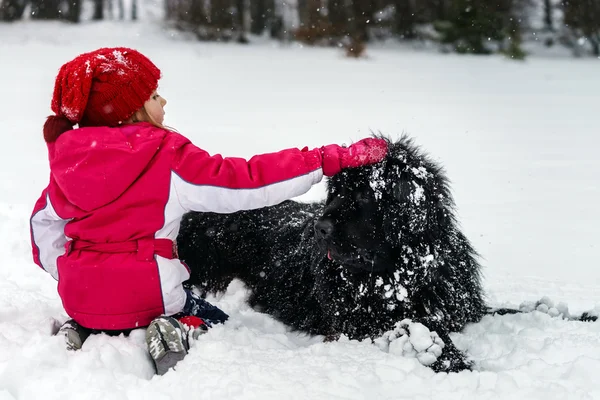 Діти грають з великим водяним собакою у снігу — стокове фото