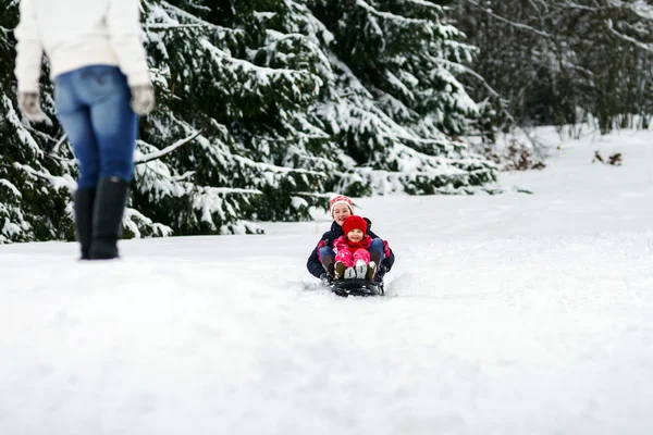 Two sisters riding by sleds winter day — Stock Photo, Image