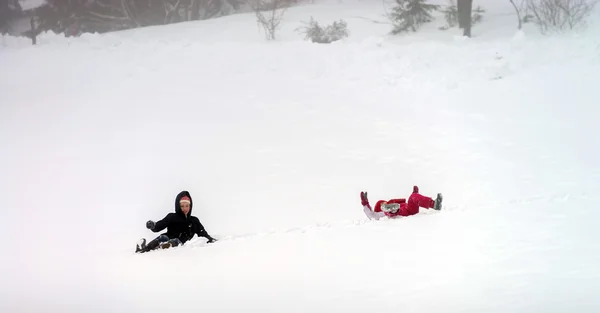 Barn har en rulle i snön — Stockfoto