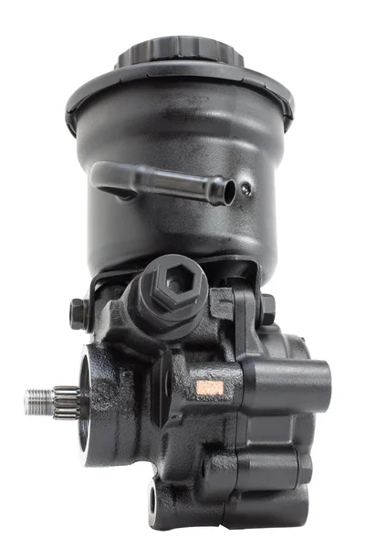 Pompa idraulica del servosterzo con serbatoio di espansione su uno sfondo bianco parti del motore — Foto Stock