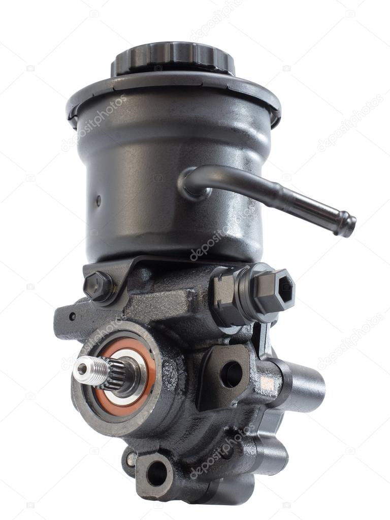 Hydraulic power steering pump with expansion tank on a white background engine parts