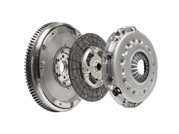 Set to replace the automobile clutch (composed of damping flywheel, drive and basket) on a white — Stock Photo, Image