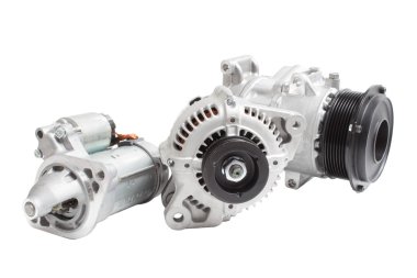 starter, alternator / generator and air conditioning compressor isolated on white background