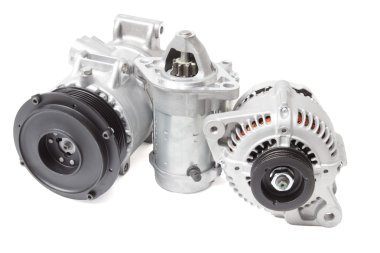 starter generator and air conditioning compressor isolated on white background
