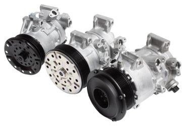 Three different air conditioning compressor for different car engines, isolated on white background