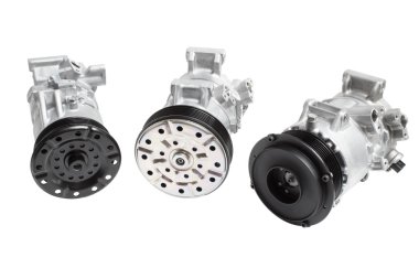 Three different air conditioning compressor for different car engines, isolated on white background