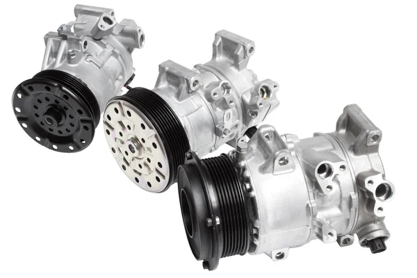 Three different air conditioning compressor for different car engines, isolated on white background