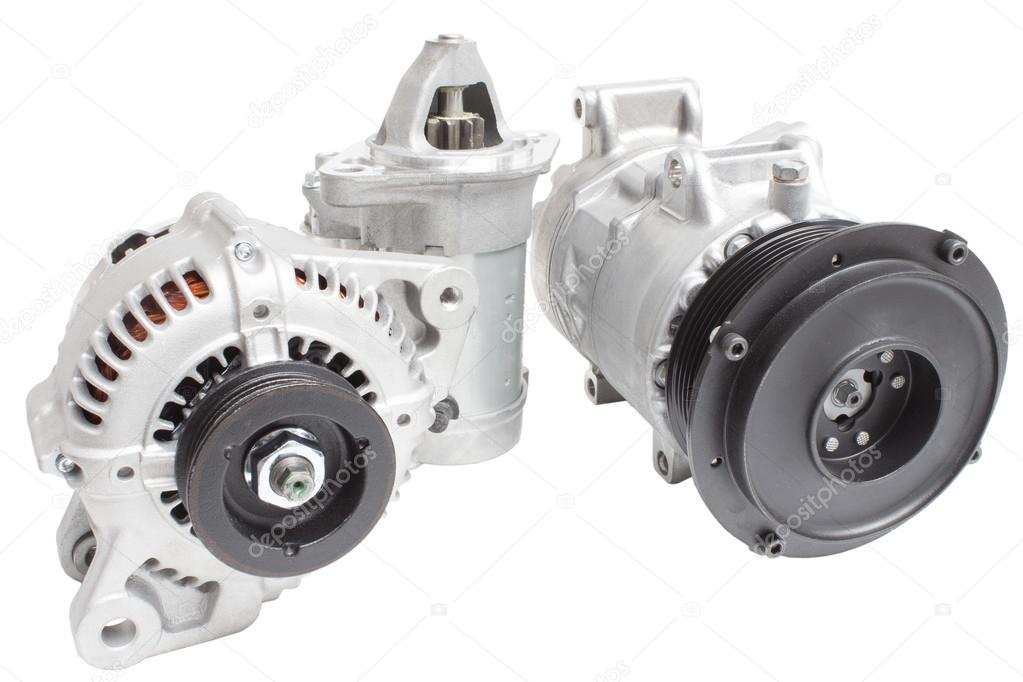 starter generator and air conditioning compressor isolated on white background