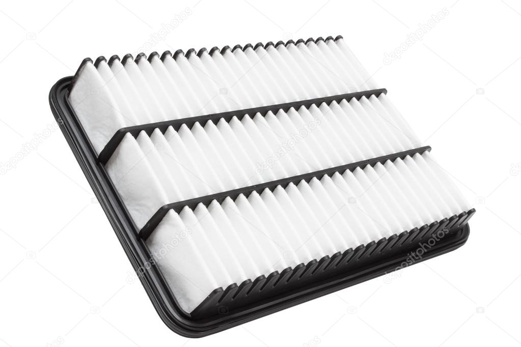 Flat engine air filter in a plastic case on a white background