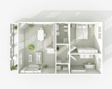 3D iç işleme mobilyalarla roofless daire