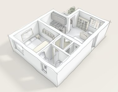 3d illustration sketch of interior apartment with furnishings clipart