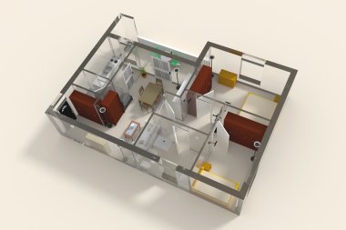 3D iç işleme daire cam duvarları ve mobilyaları ile