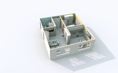 3d iç mobilyalarla roofless dairenin eğik görünümü oluşturma