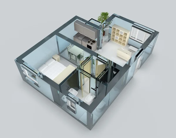 3D iç işleme daire mavi cam duvarları ve mobilyaları ile — Stok fotoğraf