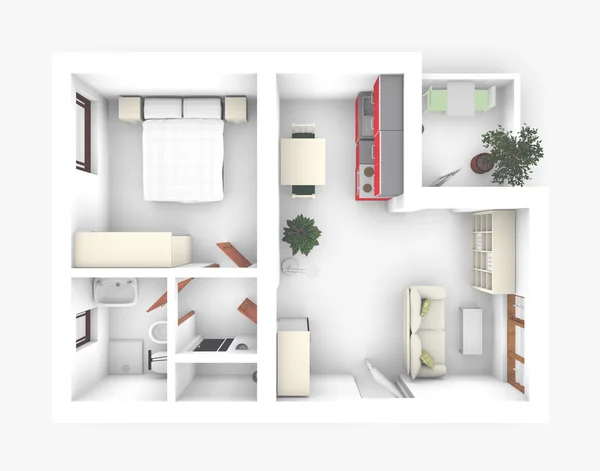 Rendering interno 3d di appartamento senza tetto con arredamento — Foto Stock