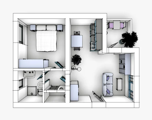 Απόδοσης 3D εσωτερικό γελοιογραφία από σκεπή διαμέρισμα με επίπλωση — Φωτογραφία Αρχείου