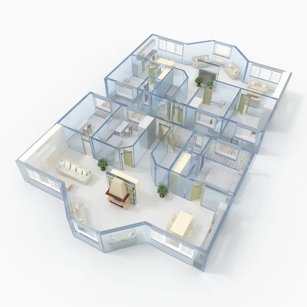 3d интерьер с косой вид на безкрышную квартиру аква-стекла с мебелью — стоковое фото