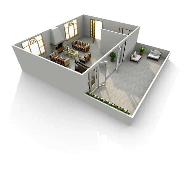 3d representación interior de apartamento sin techo con piano y patio — Foto de Stock