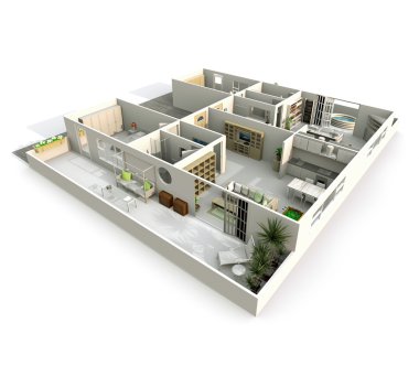 Teraslı mobilyalı Dublex eğik pespective görüş 3D iç işleme