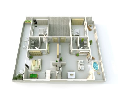 3D iç işleme perspektif görünüm roofless daire