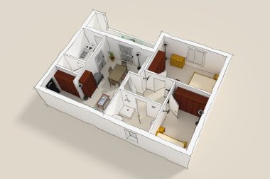 3D iç serbest kroki işleme roofless ev daire