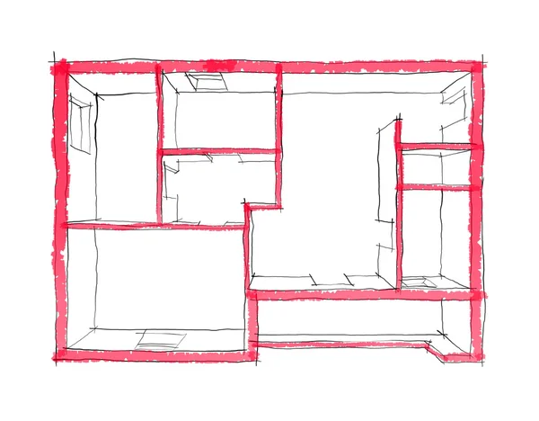 Boş roofless ev daire 2D çizimde serbest kroki — Stok fotoğraf