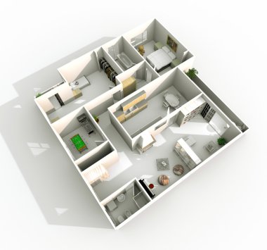 3D iç işleme eğik perspektif görünüm ev daire