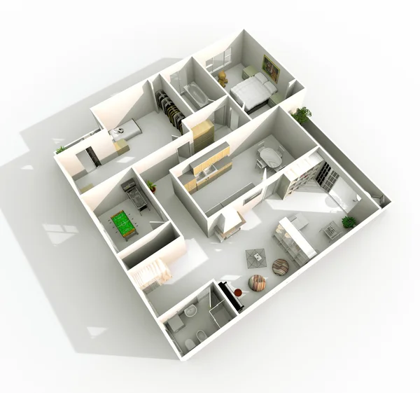 Renderowania 3D wewnętrzne ukośne perspektywy widzenia domu mieszkania — Zdjęcie stockowe