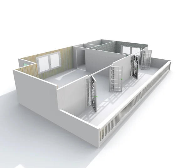 Renderowania 3D widok wnętrza perspektywa pusty Apartament z tarasem — Zdjęcie stockowe