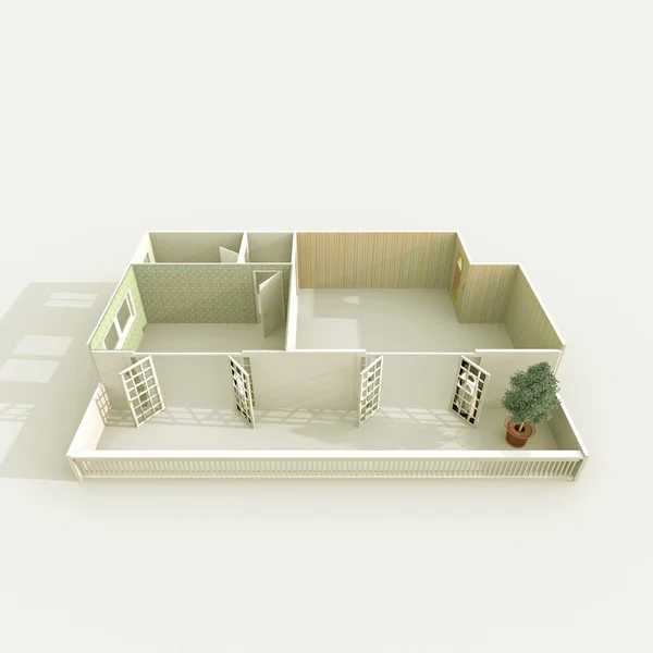 3d interior oblique view rendering of empty apartment with terrace and tree — Stock Photo, Image