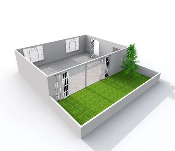 3d rendering interno di obliquo appartamento modello di carta con balcone giardino — Foto Stock