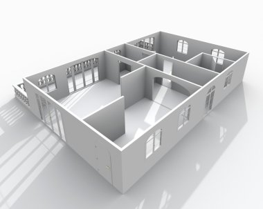 3D iç işleme oblik boş ev daire: Oda, mutfak, yatak odası, banyo, salon, giriş, oturma odası, kapı, pencere