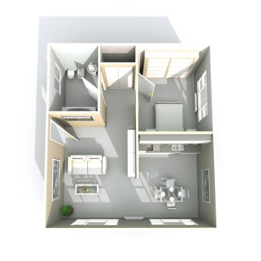 3D iç işleme döşenmiş ev daire: Oda, mutfak, yatak odası, banyo, salon, giriş, oturma odası, kapı, pencere