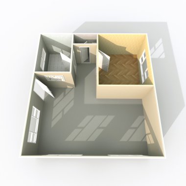 boş ev daire iç 3D Render: Oda, mutfak, yatak odası, banyo, salon, giriş, oturma odası, kapı, pencere