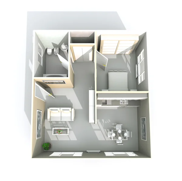 3d interior renderização de apartamento mobilado: quarto, cozinha, quarto, banheiro, hall, entrada, sala de estar, porta, janela — Fotografia de Stock