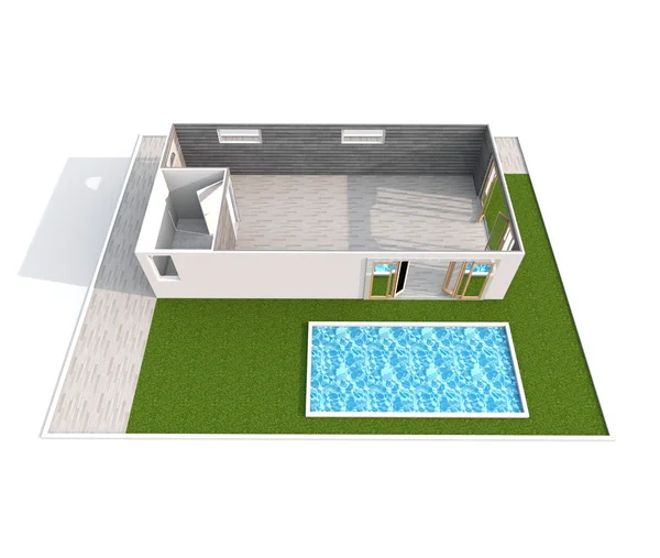 3d representación interior de casa oblicua vacía apartamento con piscina y jardín: habitación, baño, dormitorio, cocina, sala de estar, pasillo, entrada, puerta, ventana, balcón — Foto de Stock