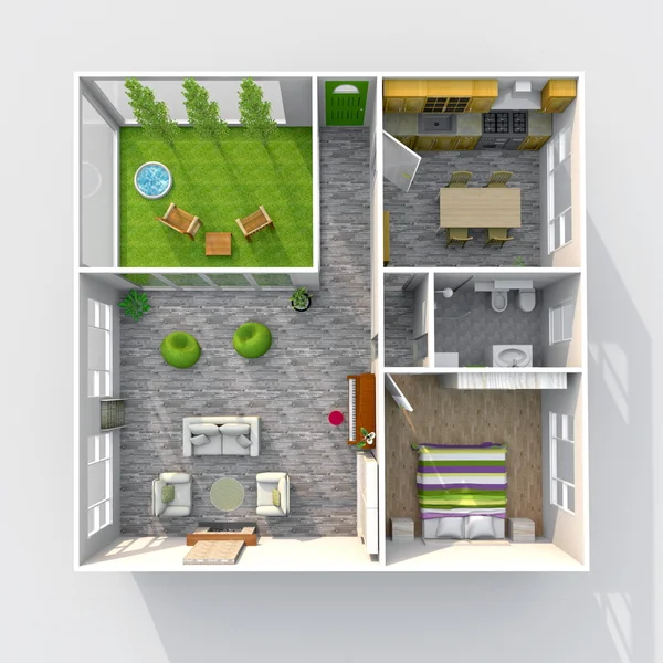 3d representación interior de apartamento amueblado con patio jardín — Foto de Stock