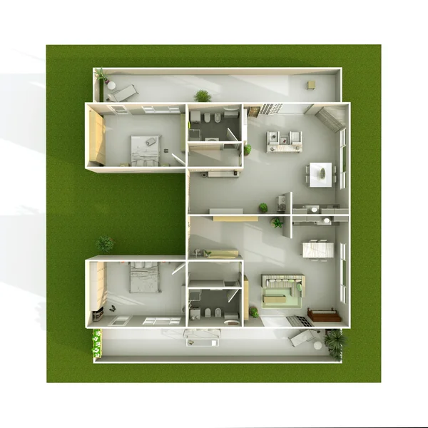 Rendering interno 3d di appartamento arredato con giardino verde tutto intorno — Foto Stock