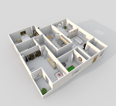 3d iç eğik bir şekilde döşenmiş ev daire görünümünü oluşturma