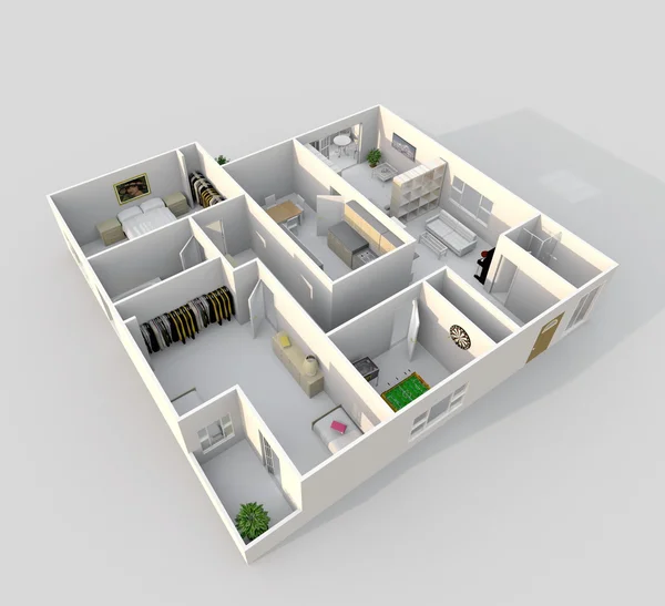 3d интерьер с косым видом на меблированную квартиру — стоковое фото