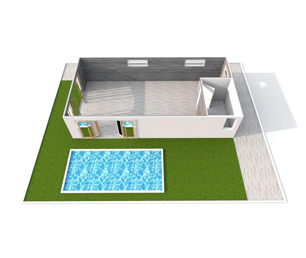 Rendering interno 3d di casa vuota con giardino e piscina — Foto Stock