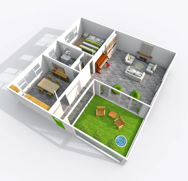 3d representación interior de apartamento amueblado sin techo con patio jardín — Foto de Stock