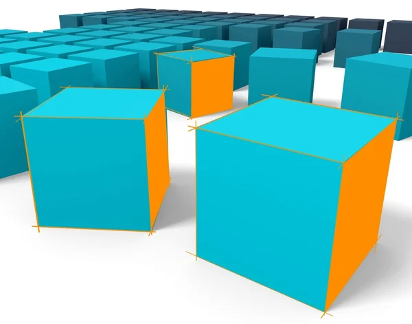 Rendu 3d de cubes bleus avec des lignes esquissées à la main libre orange — Photo