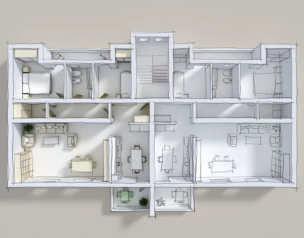 3d interior rendering illustrazione di doppio appartamento arredato con linee abbozzate a mano libera — Foto Stock