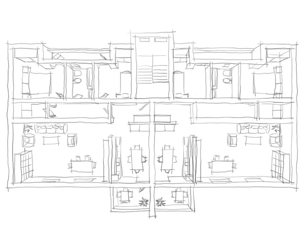 3d 的手绘草图插图的带家具的房子 — 图库照片