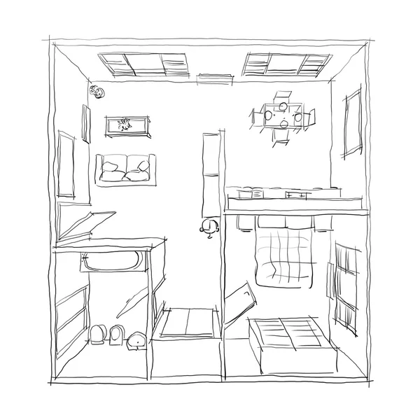 带家具的房子三维徒手绘图图 — 图库照片