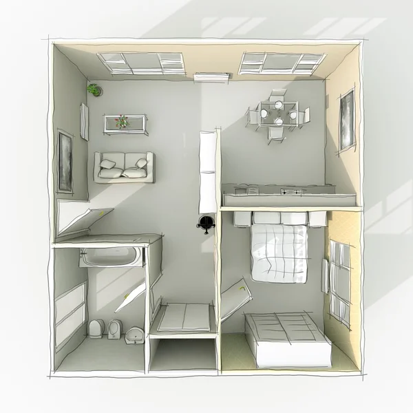 3d representación freehand sketch apartamento en casa —  Fotos de Stock